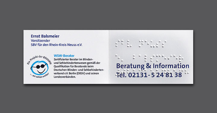 Tast Design mit Braille SBV-Neuss Visitenkarte